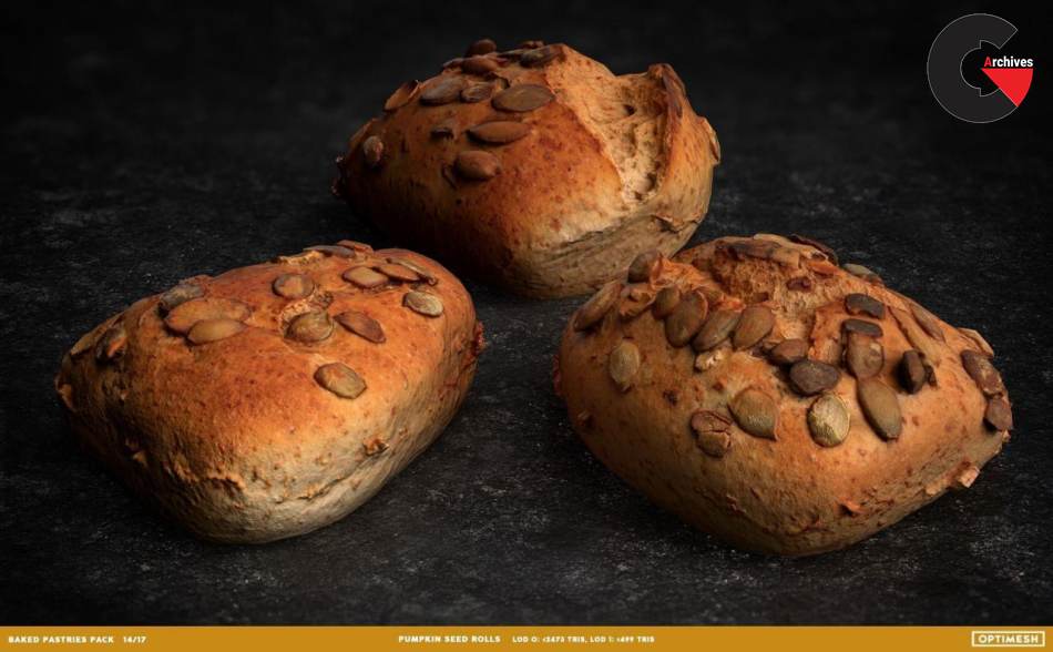 Baked Pastries Bread Buns Rolls 3D PBR Pack Low-poly