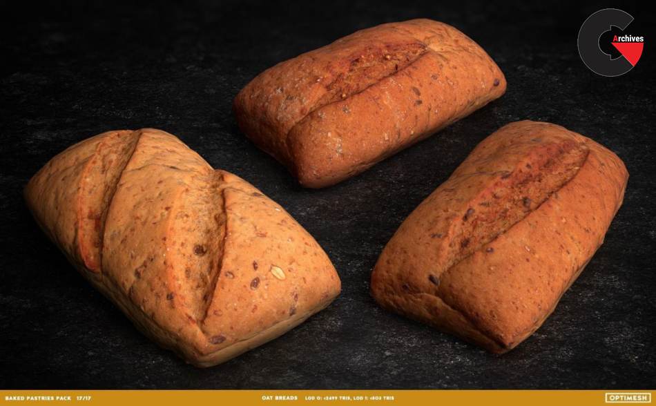 Baked Pastries Bread Buns Rolls 3D PBR Pack Low-poly
