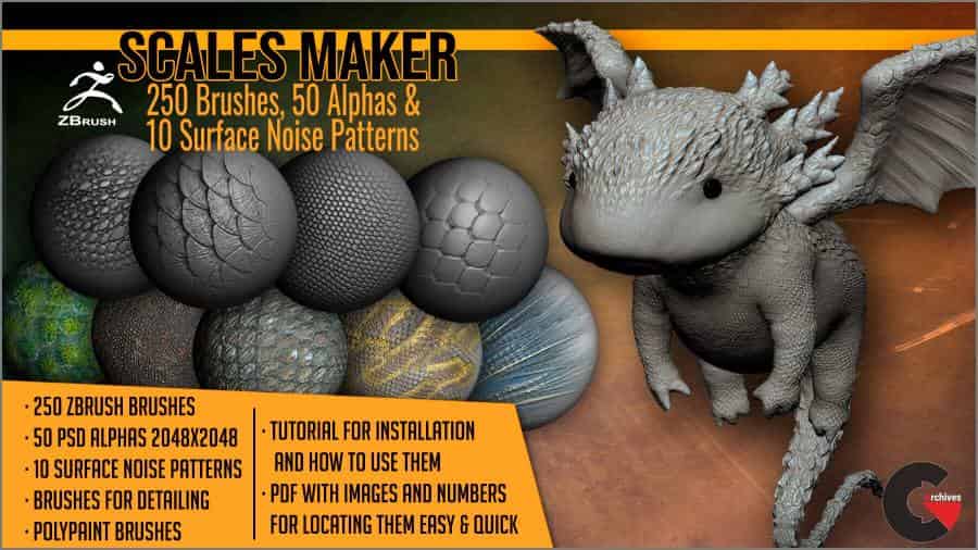 Scales Maker 250 ZBrush Brushes, 50 Alphas, and 10 Surface Patterns