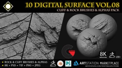 Artstation - 10 Digital Surface Rock & Cliff Brushes & Alphas Vol.08 - ZBrush/Blender/Mudbox/3dcoat