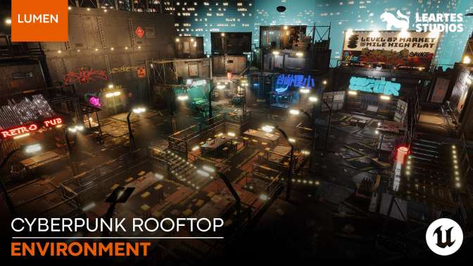 Unreal Engine – Cyberpunk Rooftop Market Environment